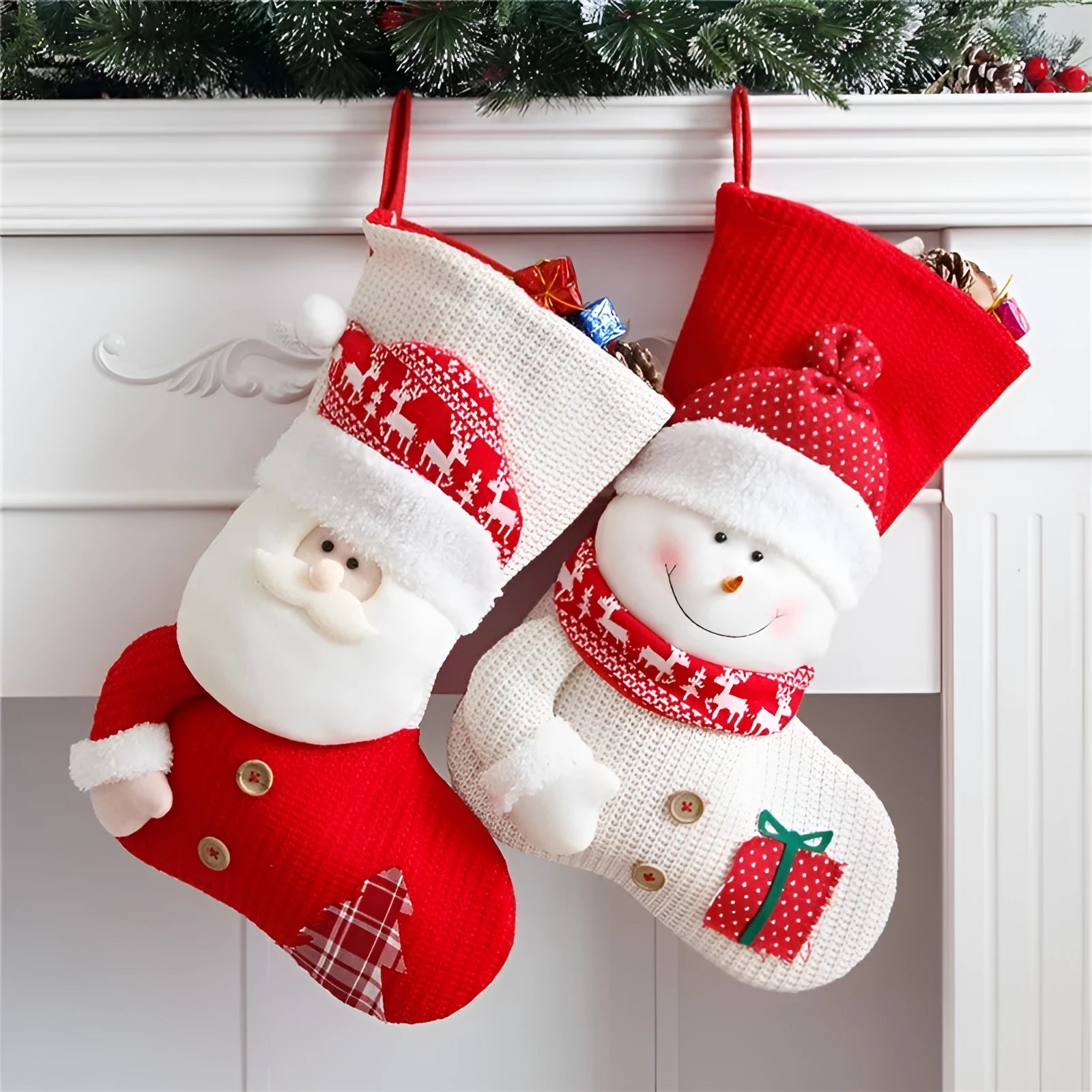 Large red and white knitted Christmas stocking with Santa Claus design for fireplace decor