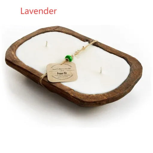 Retro wooden basin containing a soy wax aromatherapy candle with three wicks.