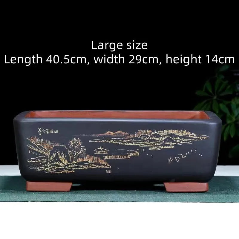 Large handmade rectangular purple clay bonsai pot in deep blue black for pine trees.