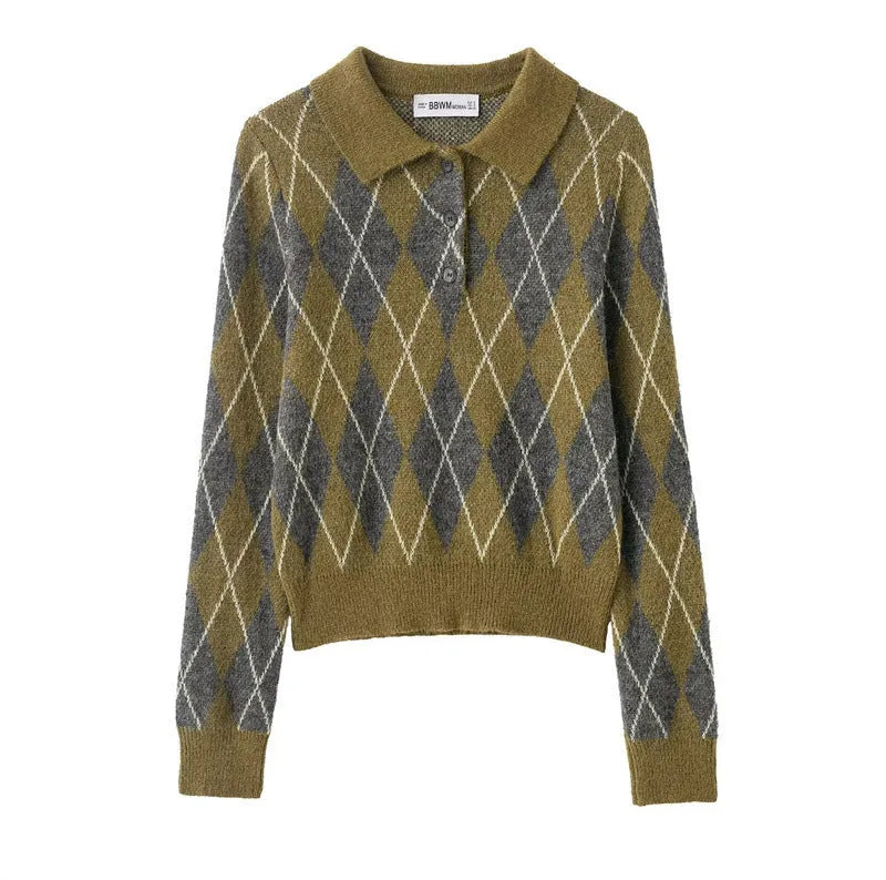 Women's notched lapel long-sleeve buttoned diamond-patterned knitted sweater in colour block design, regular fit