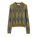 Women's notched lapel long-sleeve buttoned diamond-patterned knitted sweater in colour block design, regular fit