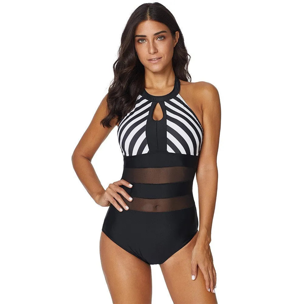 Backless striped stitching one-piece swimsuit for women, plus size option, black polyester swimming and wading swimwear