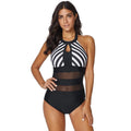 Backless striped stitching one-piece swimsuit for women, plus size option, black polyester swimming and wading swimwear