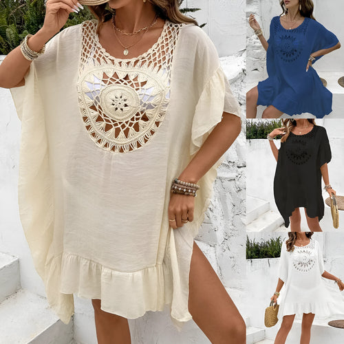 Crochet stitching tassel beach cover-up dress in a patchwork skirt style.
