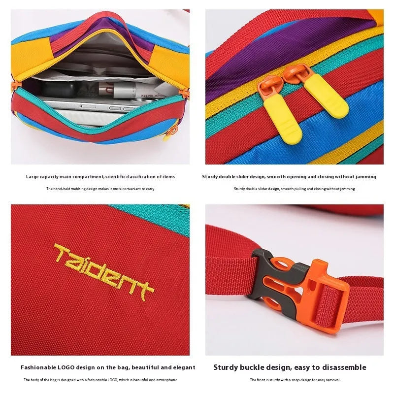 Nylon one-shoulder waist bag 2 litre dopamine colour with chain detail, outdoor leisure style