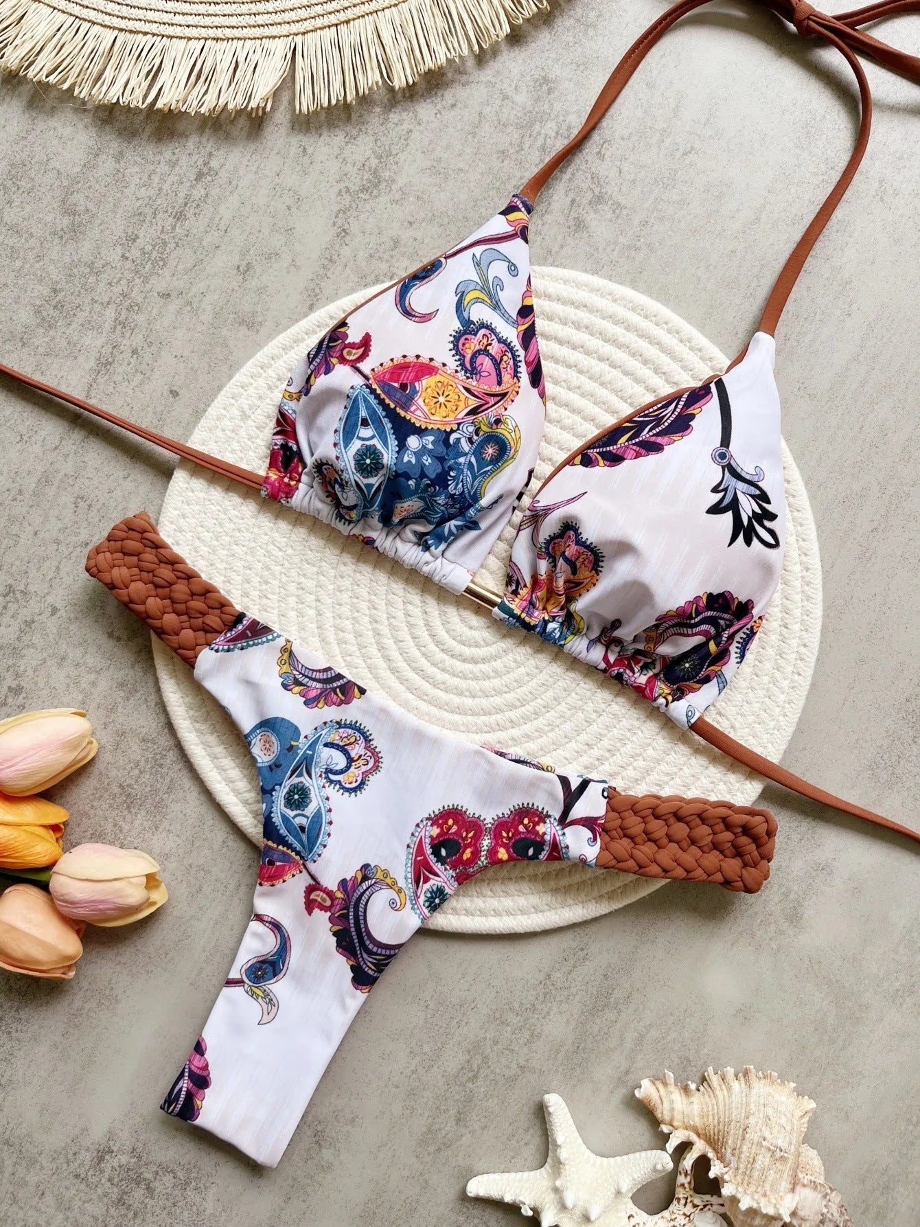 Braid rope print nylon bikini set for women in briefs style, available in multiple colours and sizes