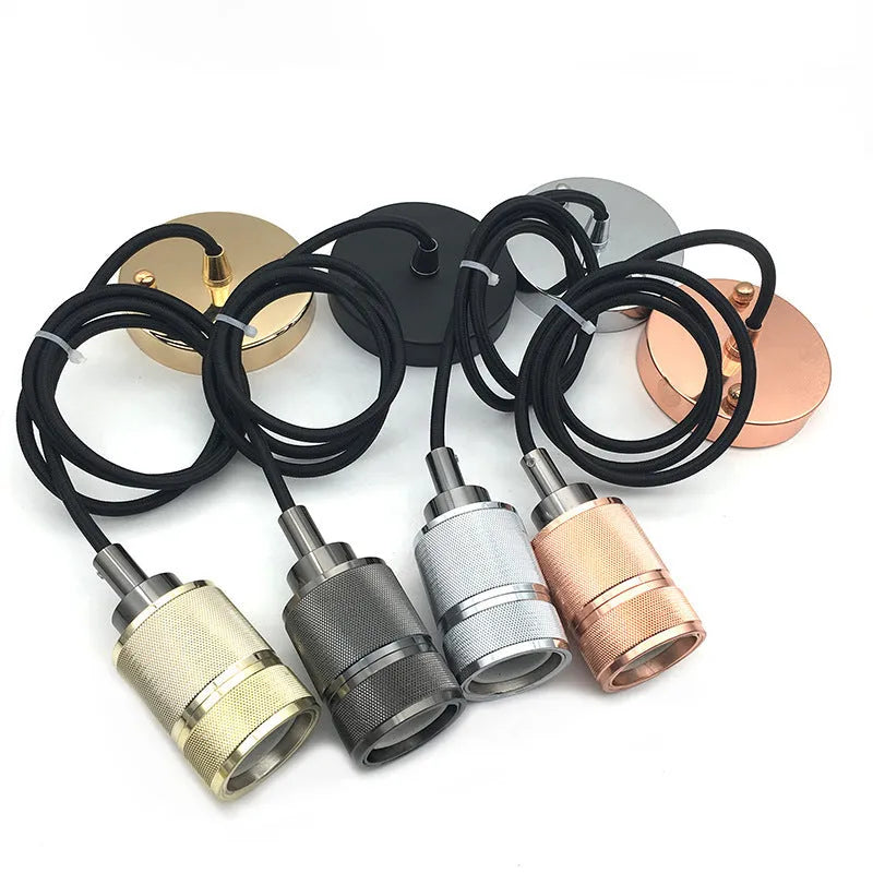 Compact DIY retro ceiling light chandelier in shiny black, rose gold, gold, and chrome metallic finishes.