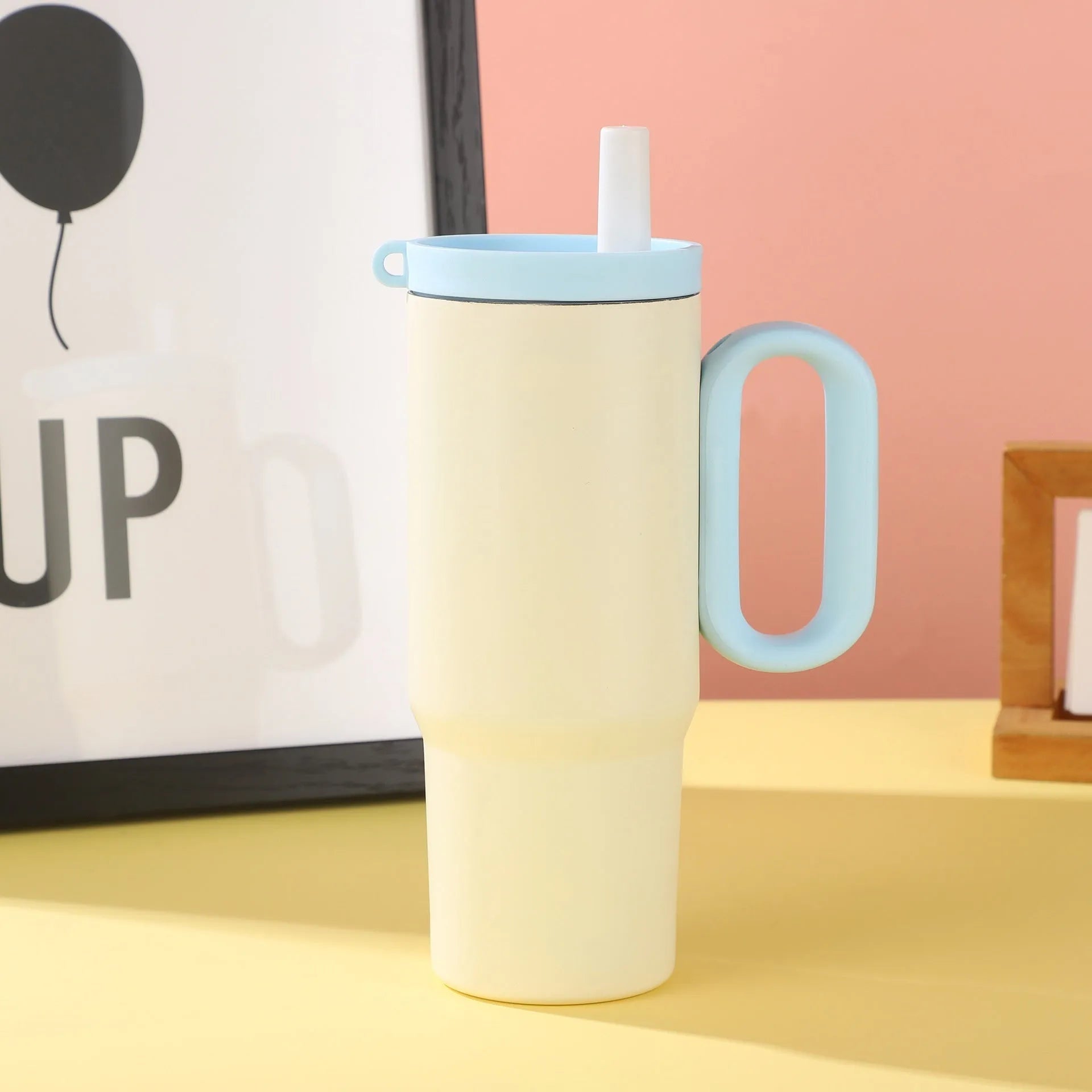 Large capacity portable insulated straw cup with handle in multiple colour options
