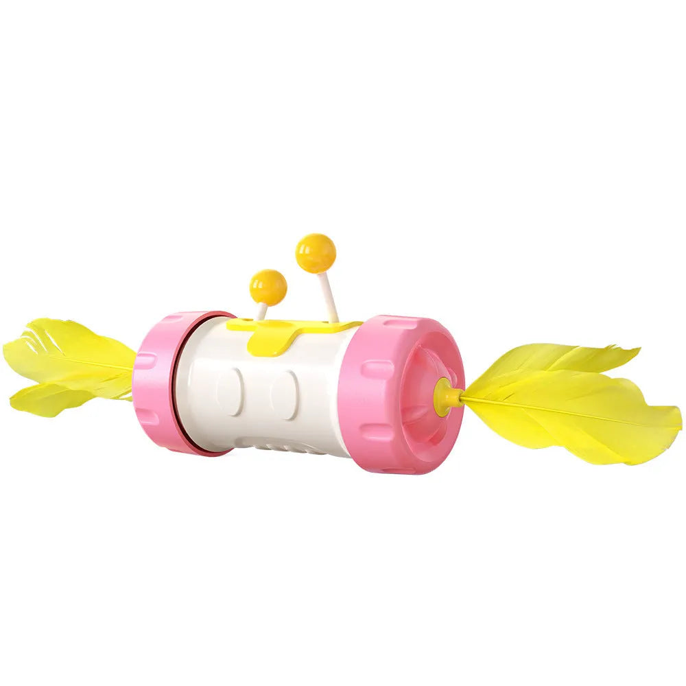 Colourful interactive cat toy with feather ball, stick pole, and tumbler on a flat surface.