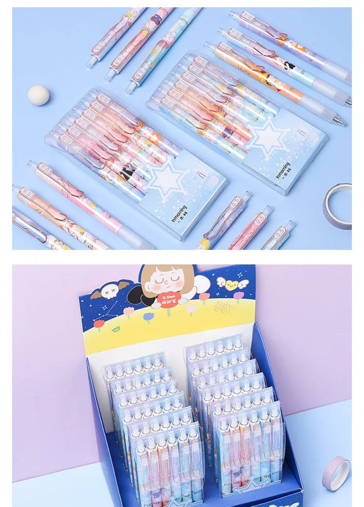 Six press gel pens with cartoon constellation designs, showing styles A and B.