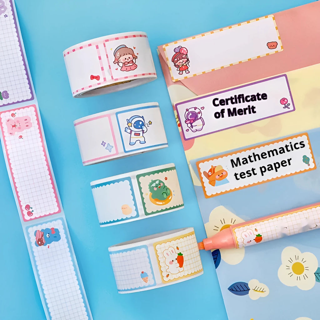 Roll of cartoon name stickers with dinosaur, astronaut, rabbit and girl design options