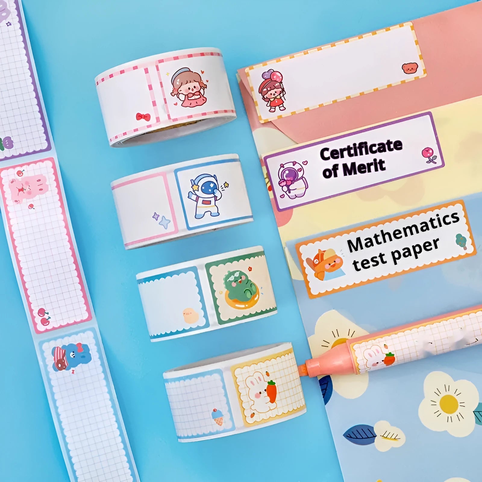 Roll of cartoon name stickers with dinosaur, astronaut, rabbit and girl design options