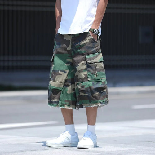 American retro workwear camouflage shorts with polyurethane trim in loose-fit cropped design