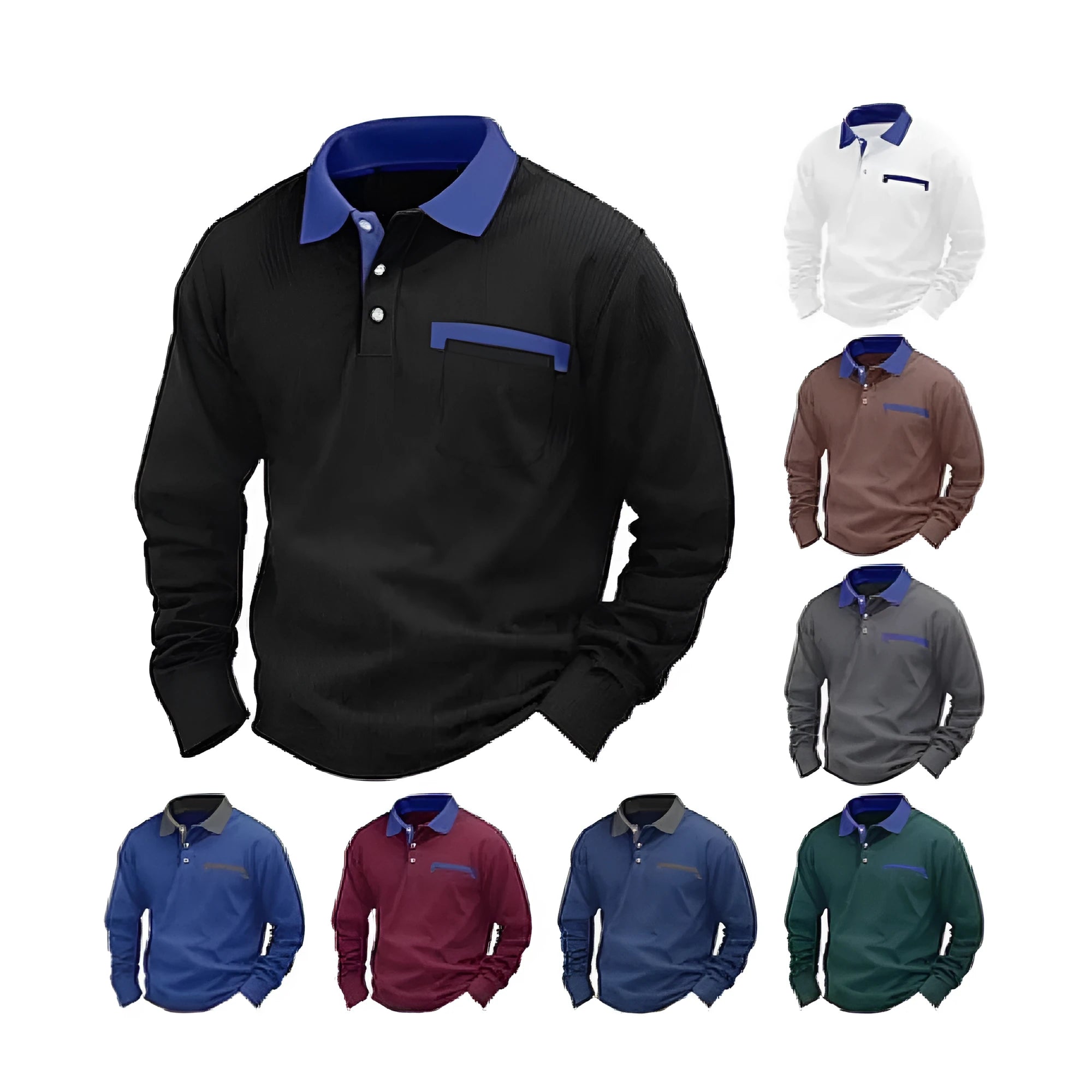 Man wearing a dark green waffle-knit long-sleeved polo shirt with an asymmetric design detail.