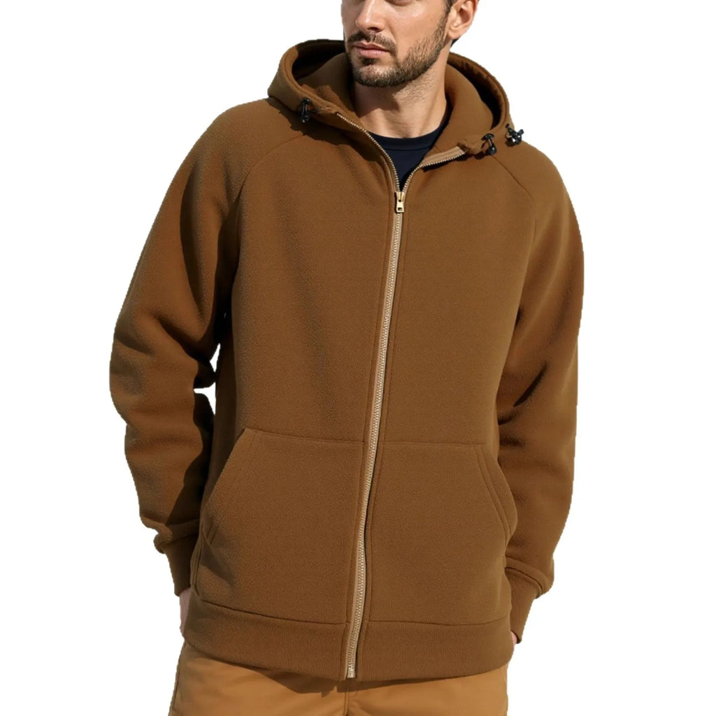 Solid colour full zipper hooded jacket for men in brown, polyester fibre long sleeve casual sweater