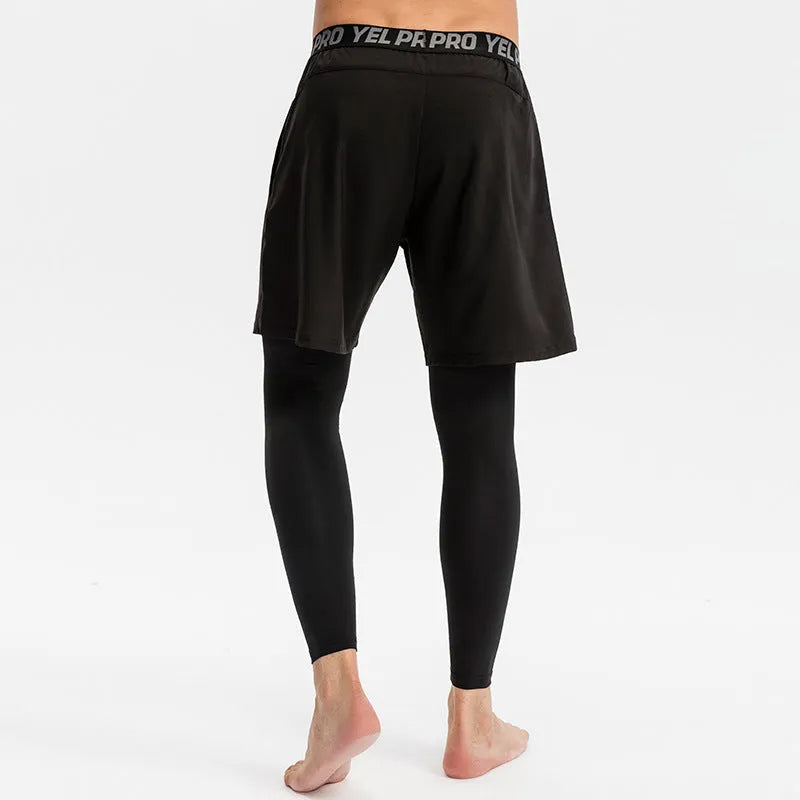 Men's grey quick-drying high elastic tight pants for running and fitness training.