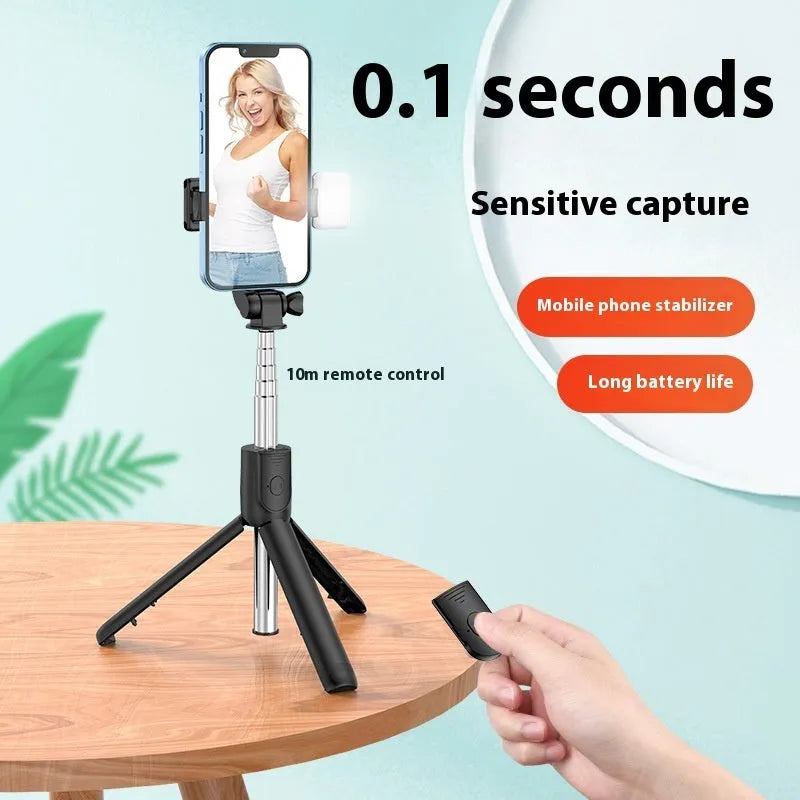 Bluetooth selfie stick tripod with built-in light, 70cm extendable arm, and universal phone holder in Black