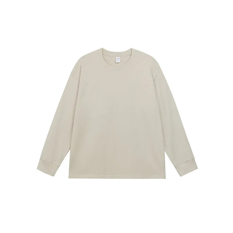 Men's loose fit solid colour cotton long-sleeved T-shirt on a hanger.