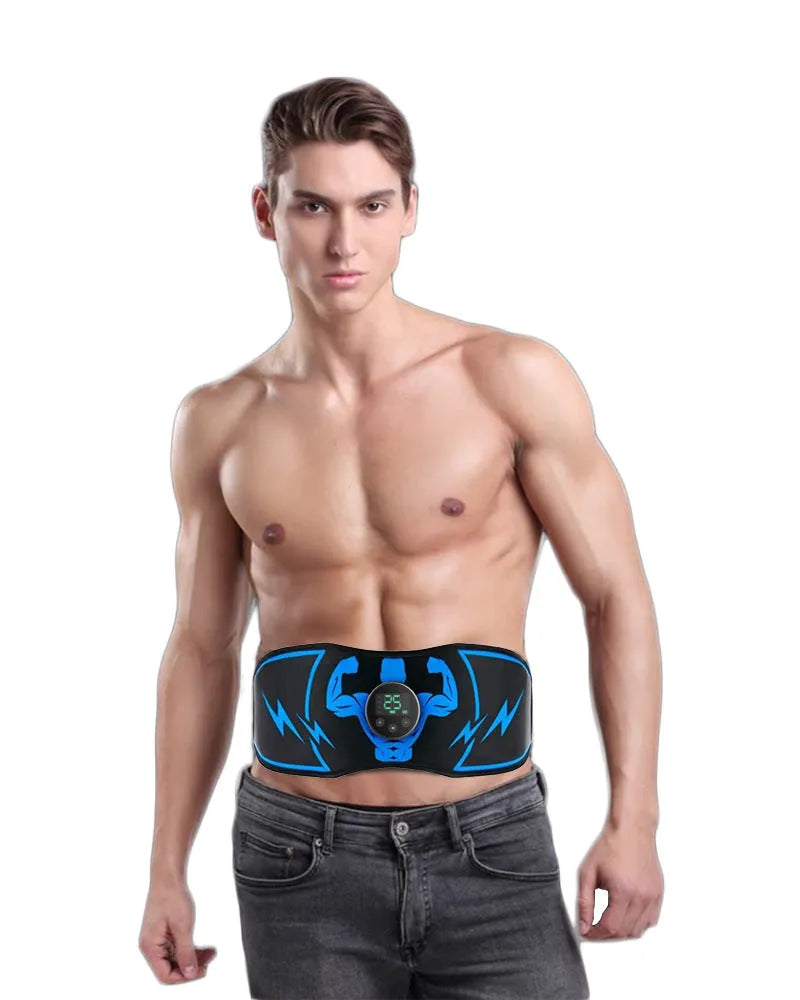 Blue EMS abdominal fitness belt with wireless remote control and arm stickers