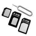 SIM restore four-in-one set with black Nano to Standard adapter and picking pin on white background