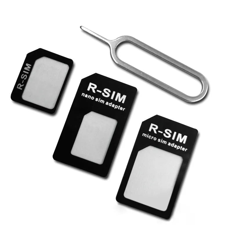 SIM restore four-in-one set with black Nano to Standard adapter and picking pin on white background