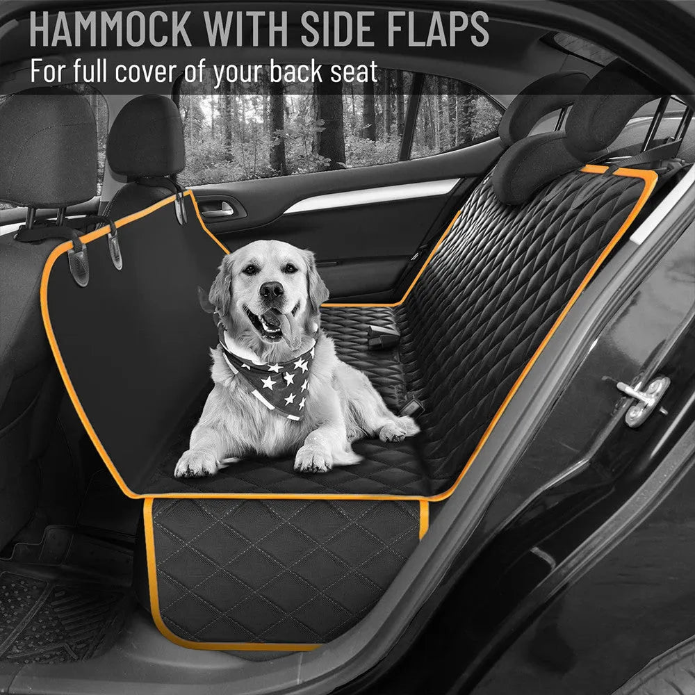Waterproof cloth car pet kennel rear seat cushion in black measuring 137x147cm placed on a car back seat
