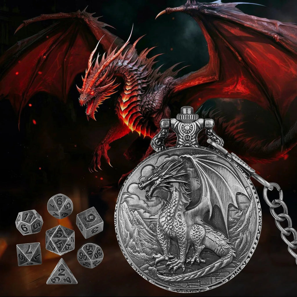 Bronze dice set with 3D carved pocket watch showing seven polyhedral metal dice inside zinc alloy case