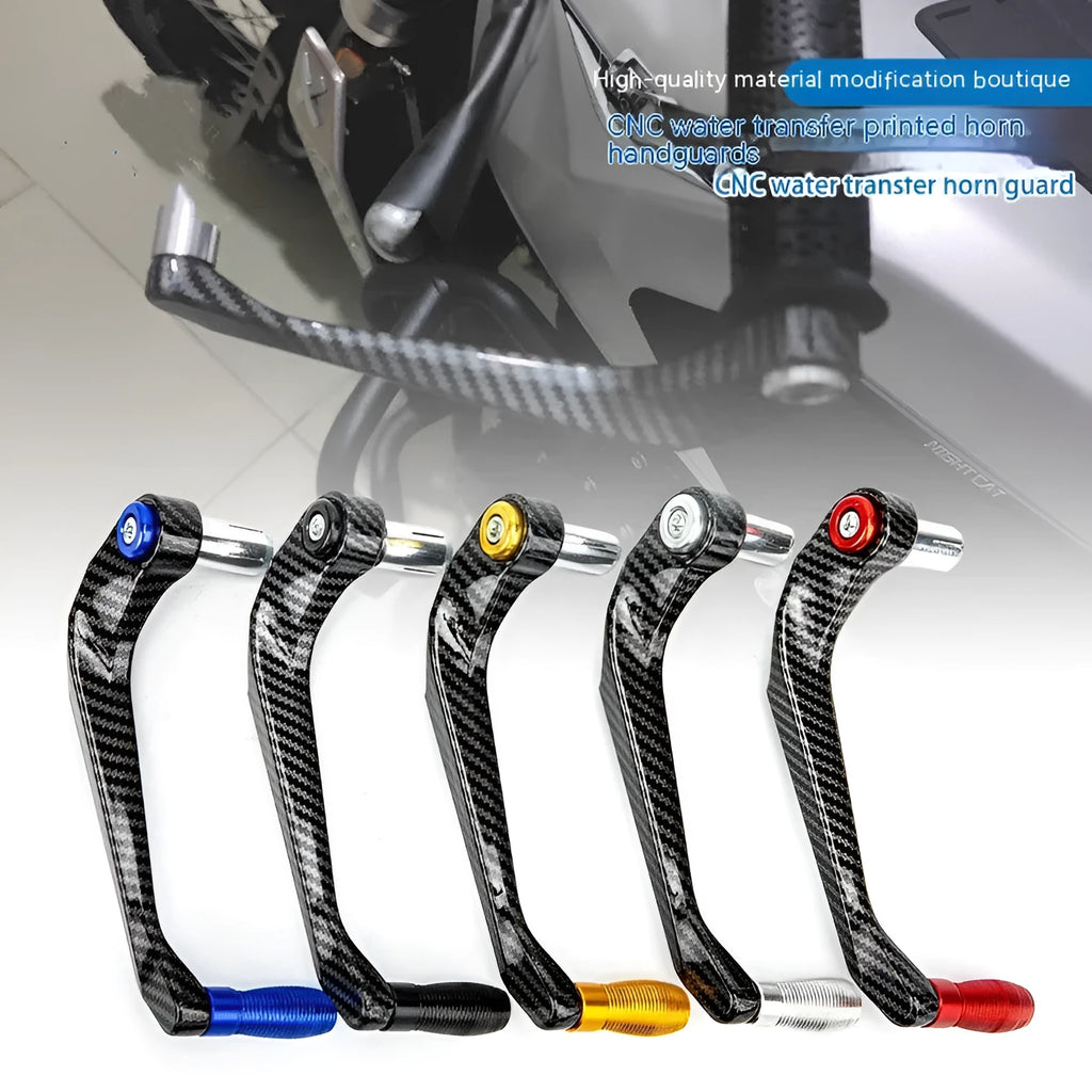A pair of aluminium motorcycle hand guards with a water transfer printed finish, shown in one of five available colours.