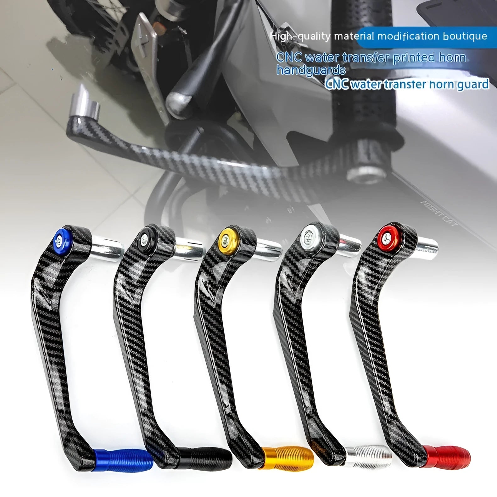 A pair of aluminium motorcycle hand guards with a water transfer printed finish, shown in one of five available colours.