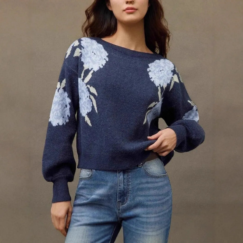 Women's loose casual flower jacquard pullover in sapphire blue with plant pattern