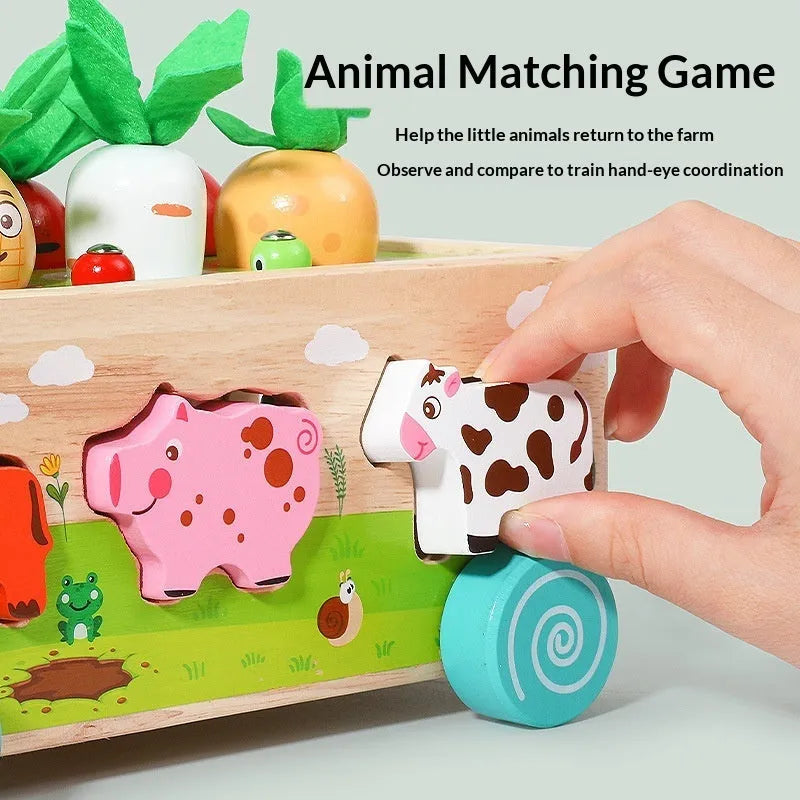 Children's wooden puzzle toy farm animal car with radishes and insects for infants