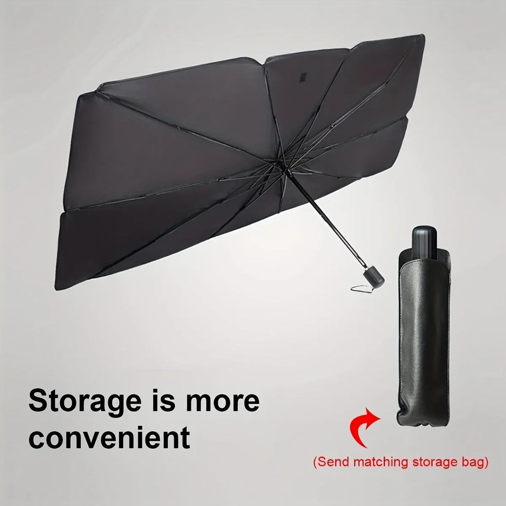 Foldable car windshield sunshade umbrella shown open against vehicle glass