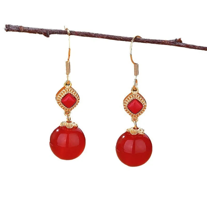 Geometric agate earrings with Southern Red Agate round beads, S925 silver inlay, and Jasper accents on electroplated alloy
