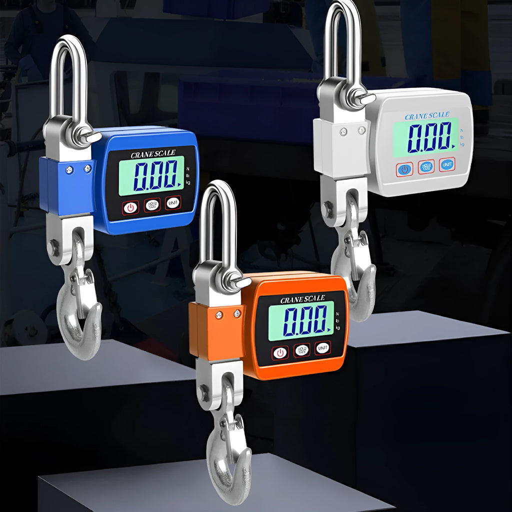 Electronic digital hook scale in orange, blue, or white showing digital display and metal hook.