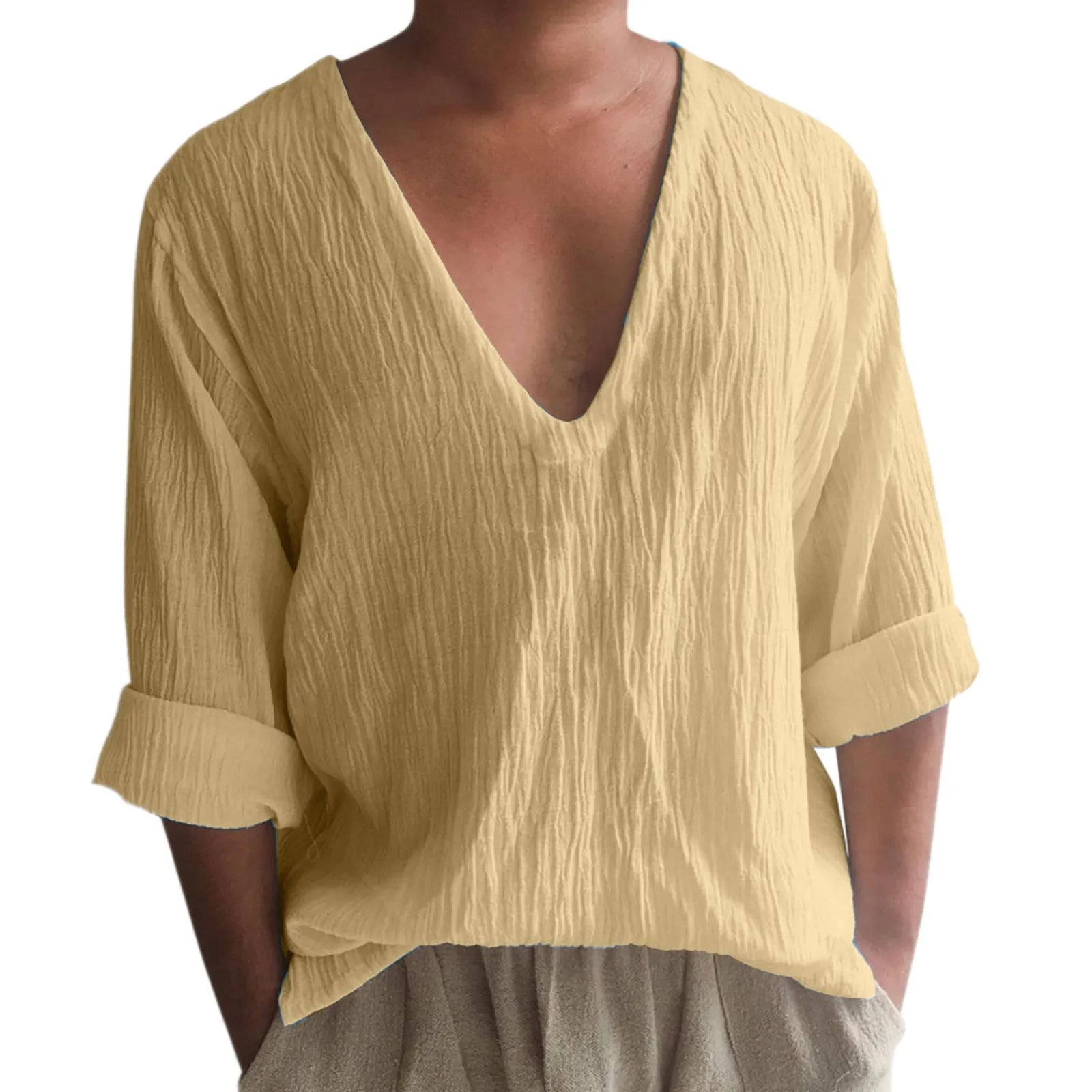Men's long sleeve V-neck T-shirt in washed cotton and linen blend, shown in a solid colour.