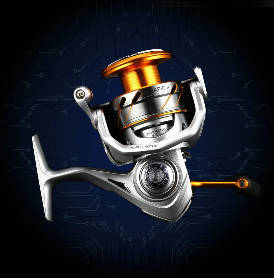All metal long cast speed ratio spinning fishing reel in silver and red, 2000HX size on grey background