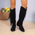 Women's winter fringe chunky heel western boots in black PU with tassel detail and pointed toe