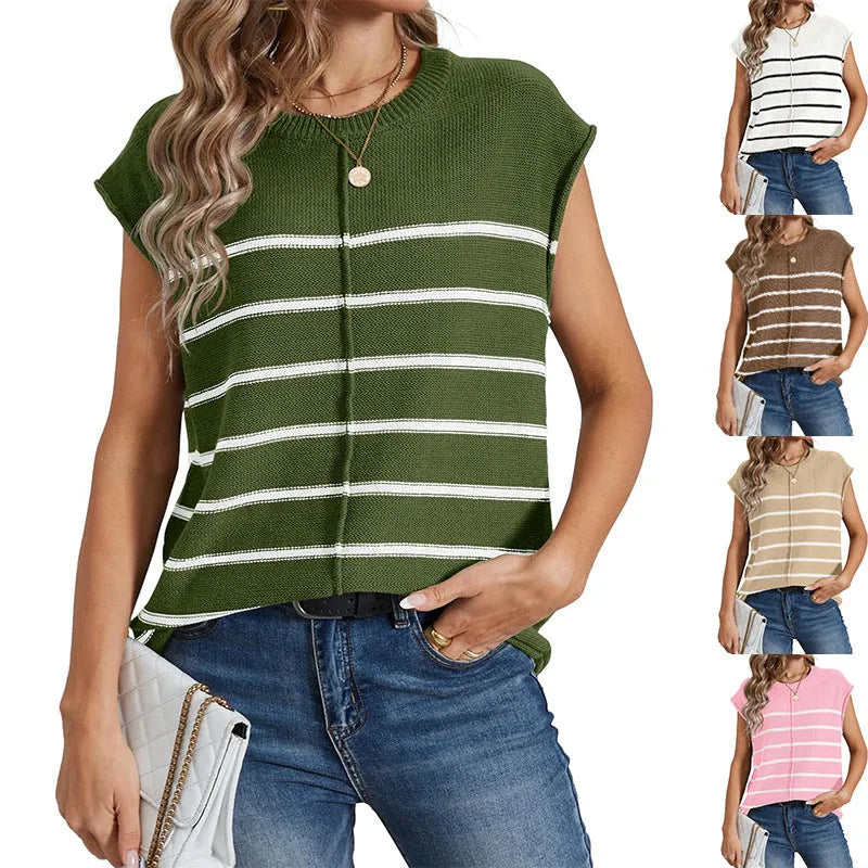 Women's striped sleeveless vest pullover top in acrylic fabric with bone stitching.