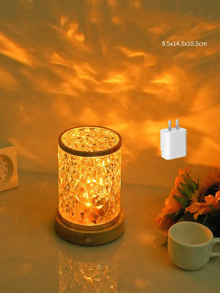 Rotating water ripple small night light with acrylic dome on solid wood base for bedroom use