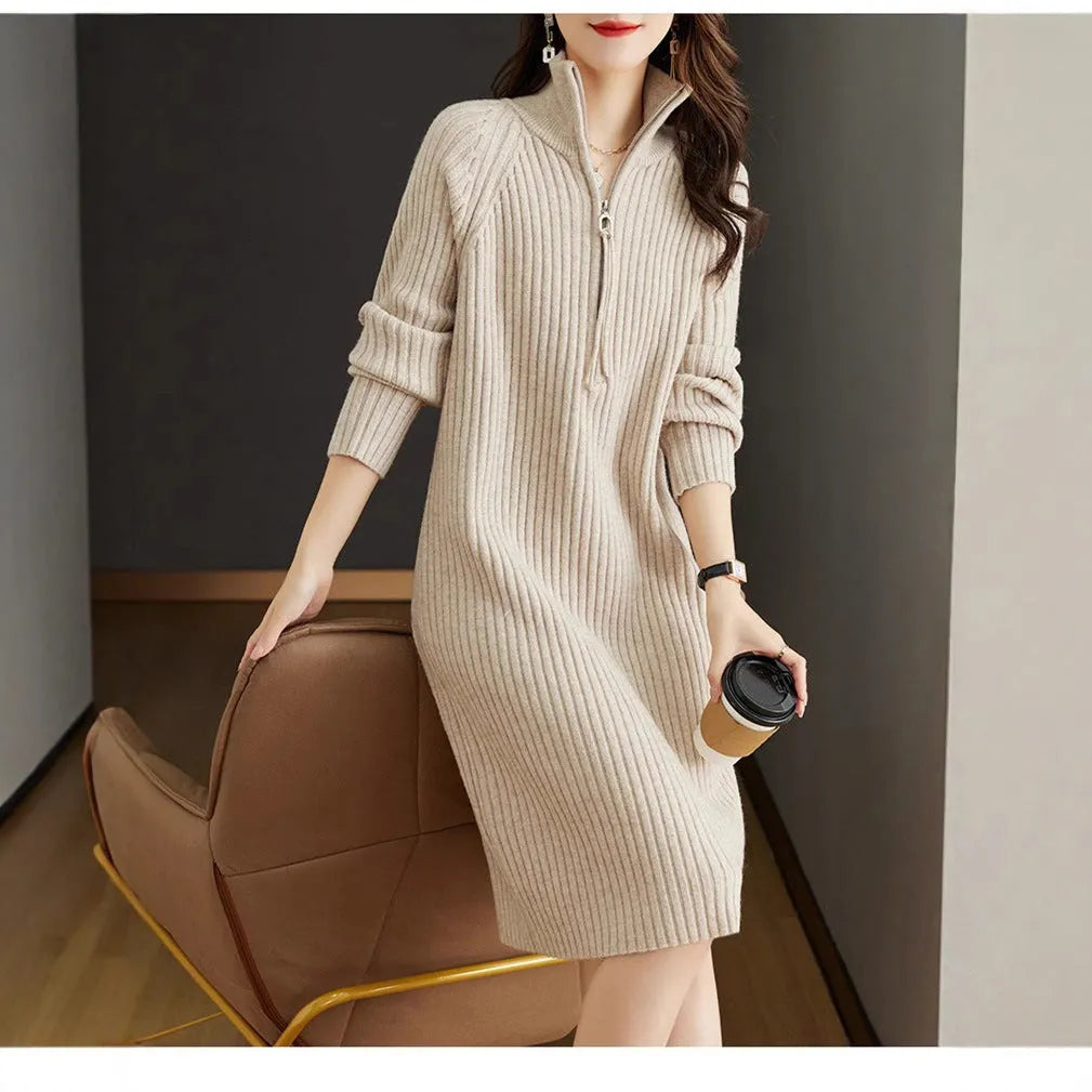 Beige half zip woolen skirt with stand collar and long sleeves
