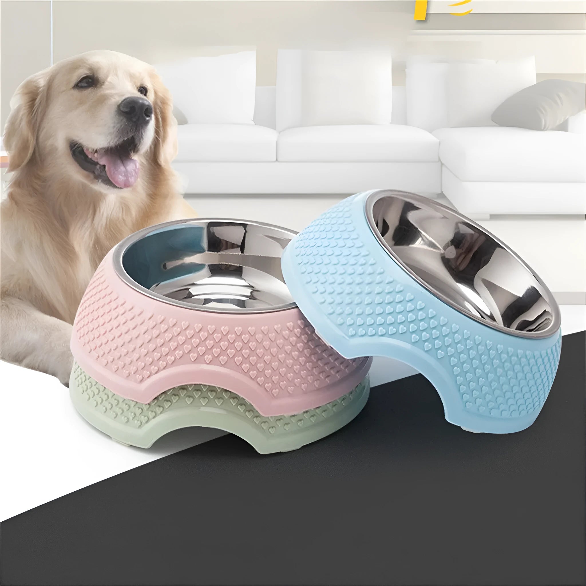 Blue stainless steel square pet bowl with a non-slip base for cats and small dogs