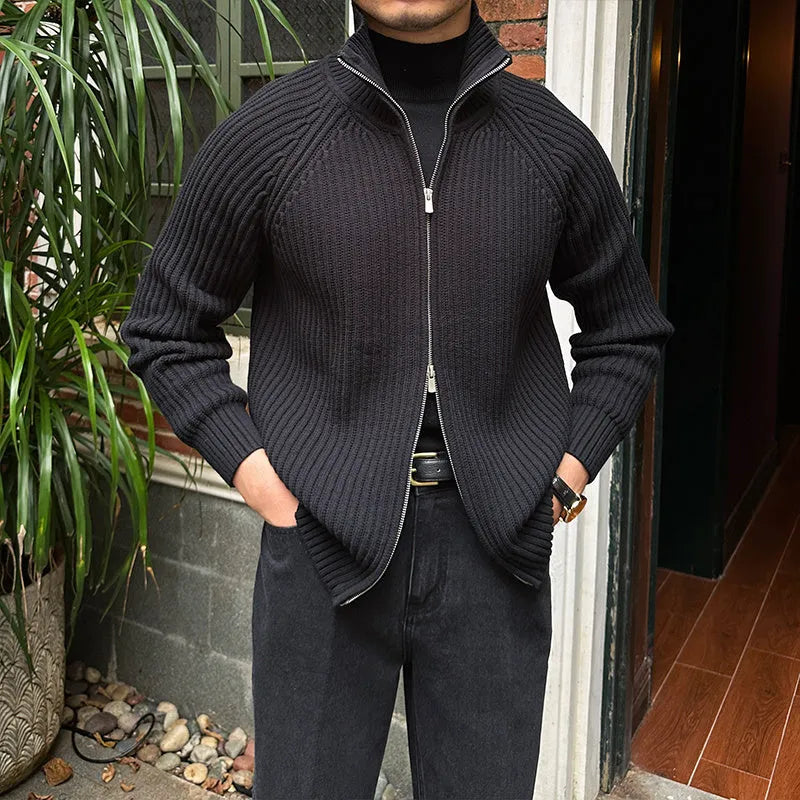 Men's Stand-up Collar Cardigan Retro Slim Fit Cotton Blend Jacket with Rotator Cuff Sleeves in Black Brown Grey Khaki Sizes M to 3XL for Casual Layering and Everyday Wear