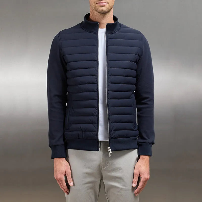 Men's lightweight stand collar coat with knitted stitching in solid colour, available in black, light gray, and navy blue