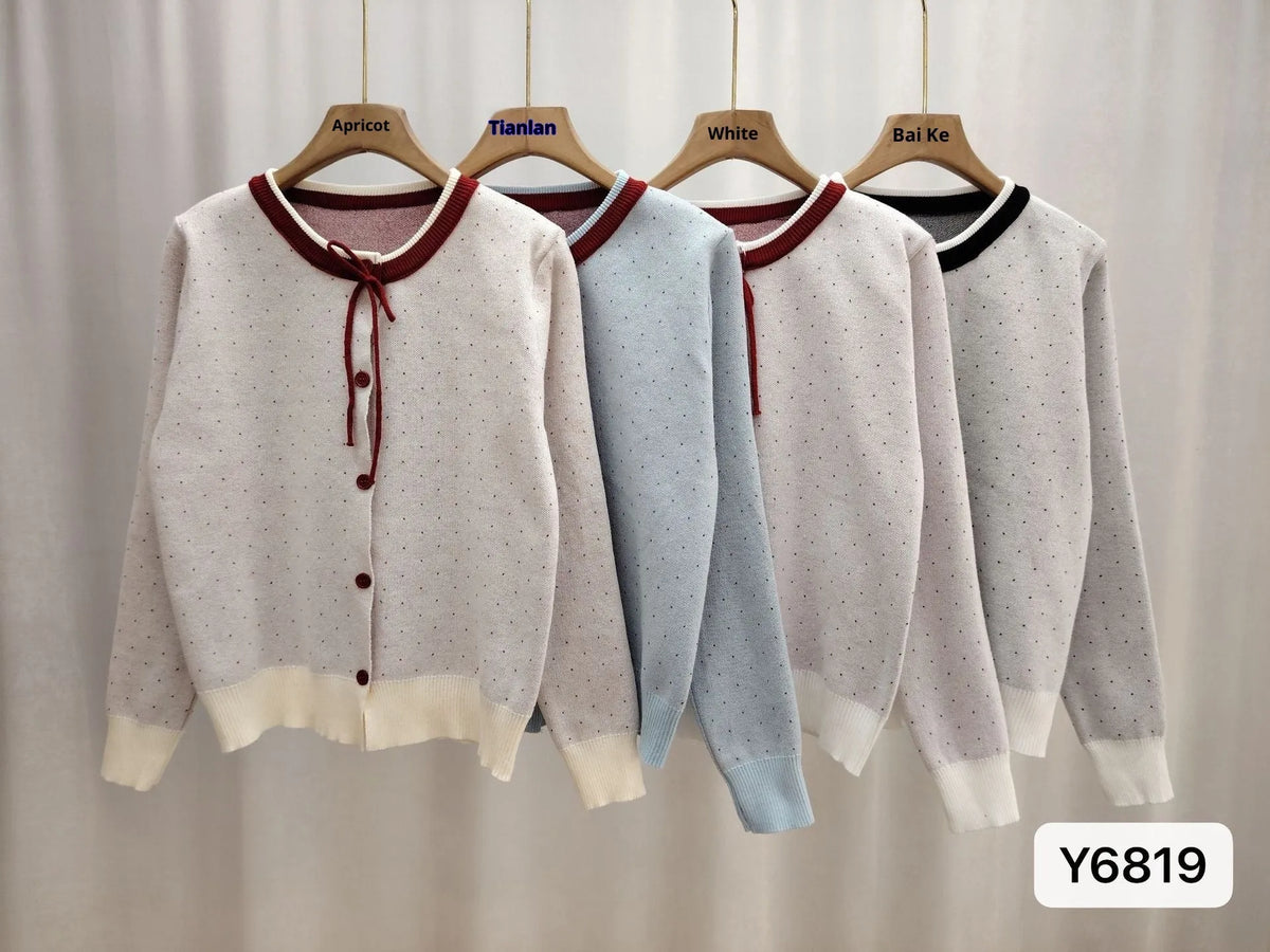 Women's polka dot jacquard lace-up single-breasted knitted sweater cardigan in loose fit