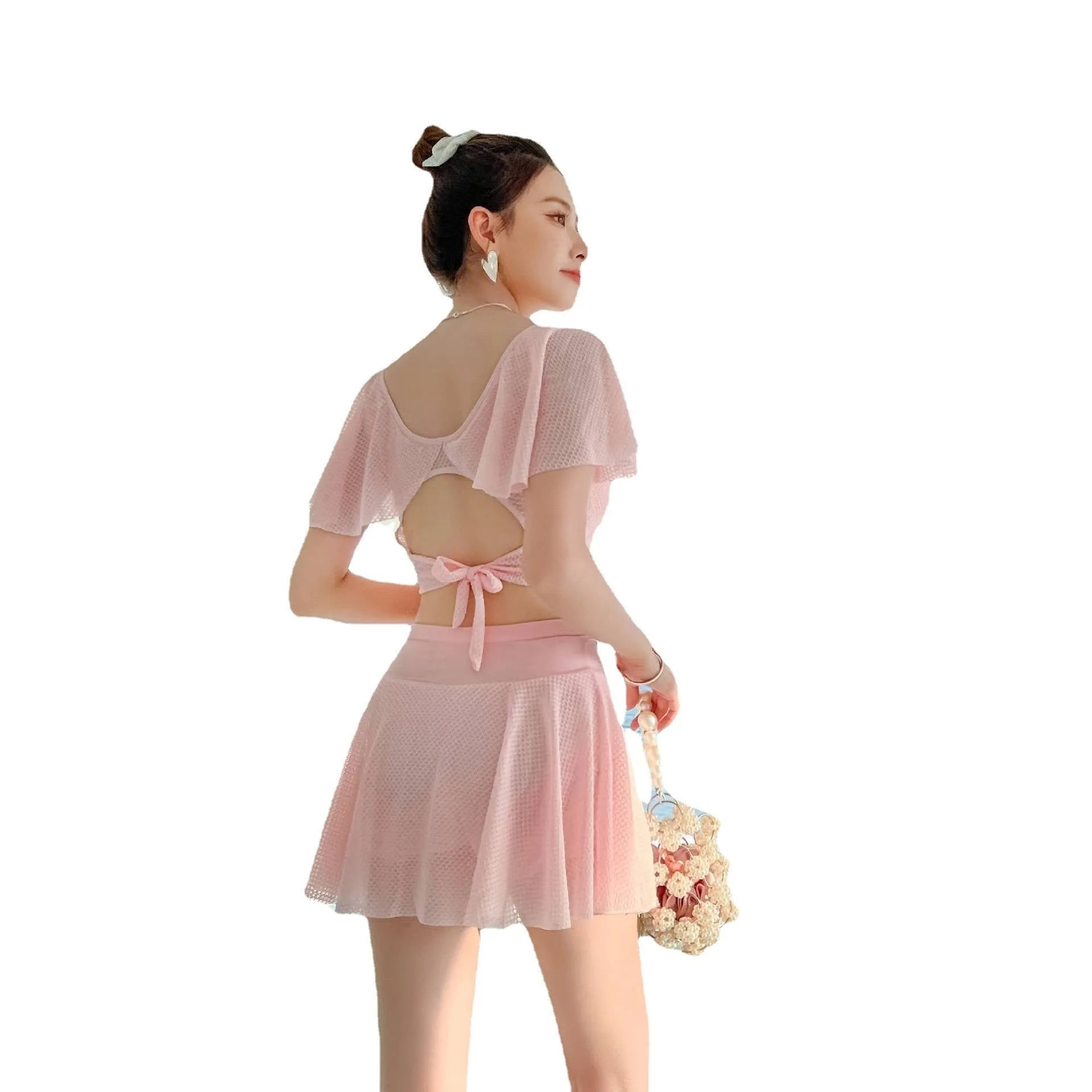 Women's solid colour two-piece skirt swimsuit in polyester and spandex fabric
