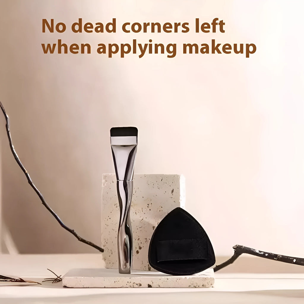 Spiral one-shaped black powder foundation brush with long handle and puff on pineapple box.