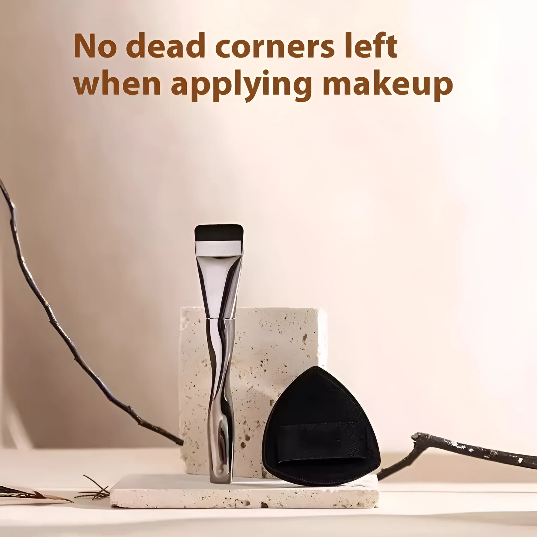 Spiral one-shaped black powder foundation brush with long handle and puff on pineapple box.