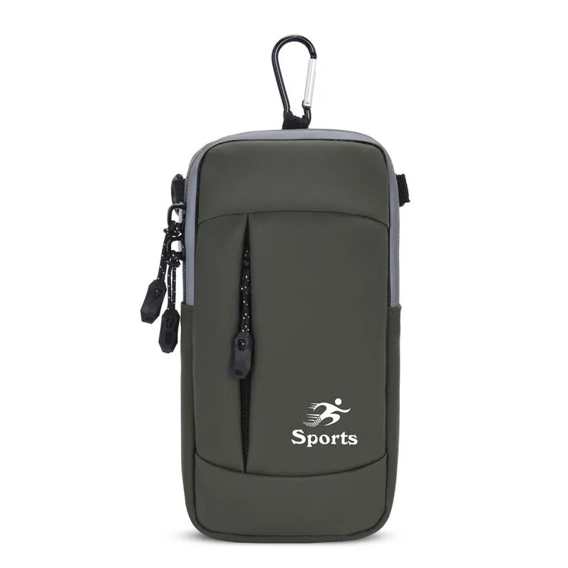Sports running arm bag in black PU leather with phone inside, 19x10x2cm, adjustable wrist strap