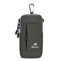 Sports running arm bag in black PU leather with phone inside, 19x10x2cm, adjustable wrist strap