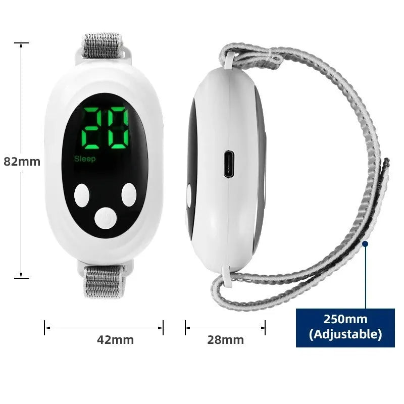 White wireless sleep aid bracelet with handheld remote control on a surface